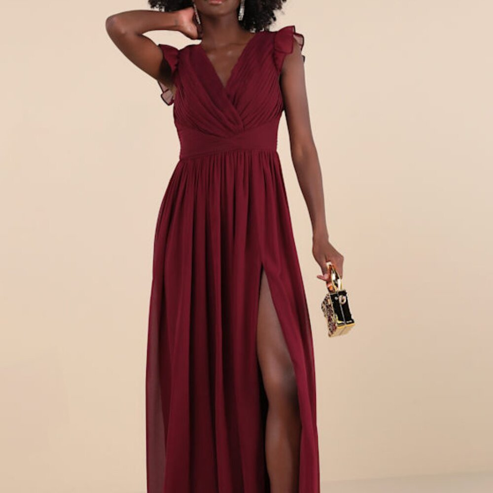 Lulus Gorgeous Goal Burgundy Pleated Backless Surplice Maxi Dress Red - Size XL